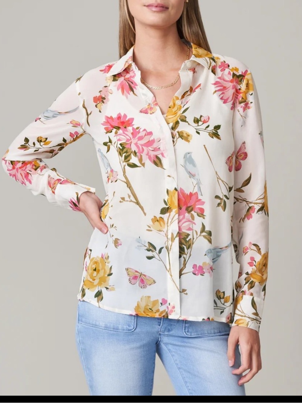 Anthropologie Floral Button-Down Blouse in Cream, Pink & Yellow